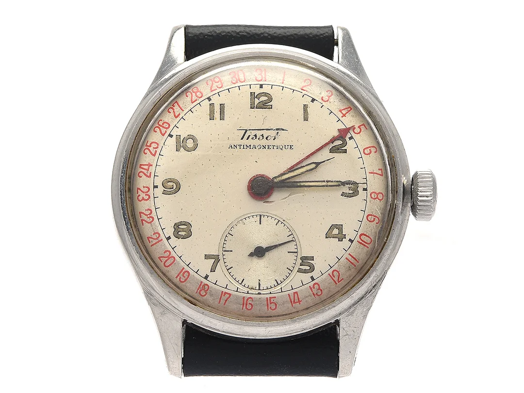 TISSOT, Antimagnetique, "Pointer Date", armbandsur, stål, manuell, subsekund, plexiglas(naggat/repigt) läderarmband ej orginal(något slitet) — Klockor/Antima — Kaplans