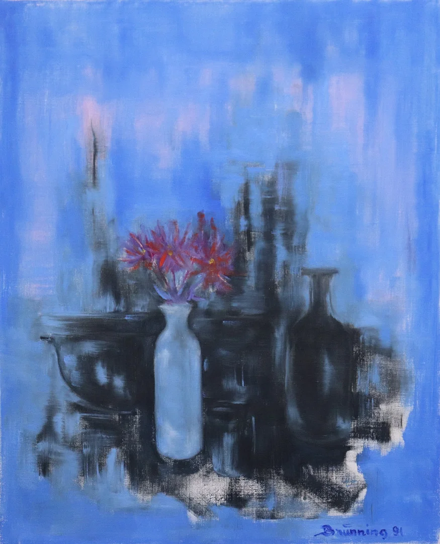 LEIF BRÜNNING (1930-1999). olja på duk, "Bottles in black and blue". — Paintings — Markus Auktioner