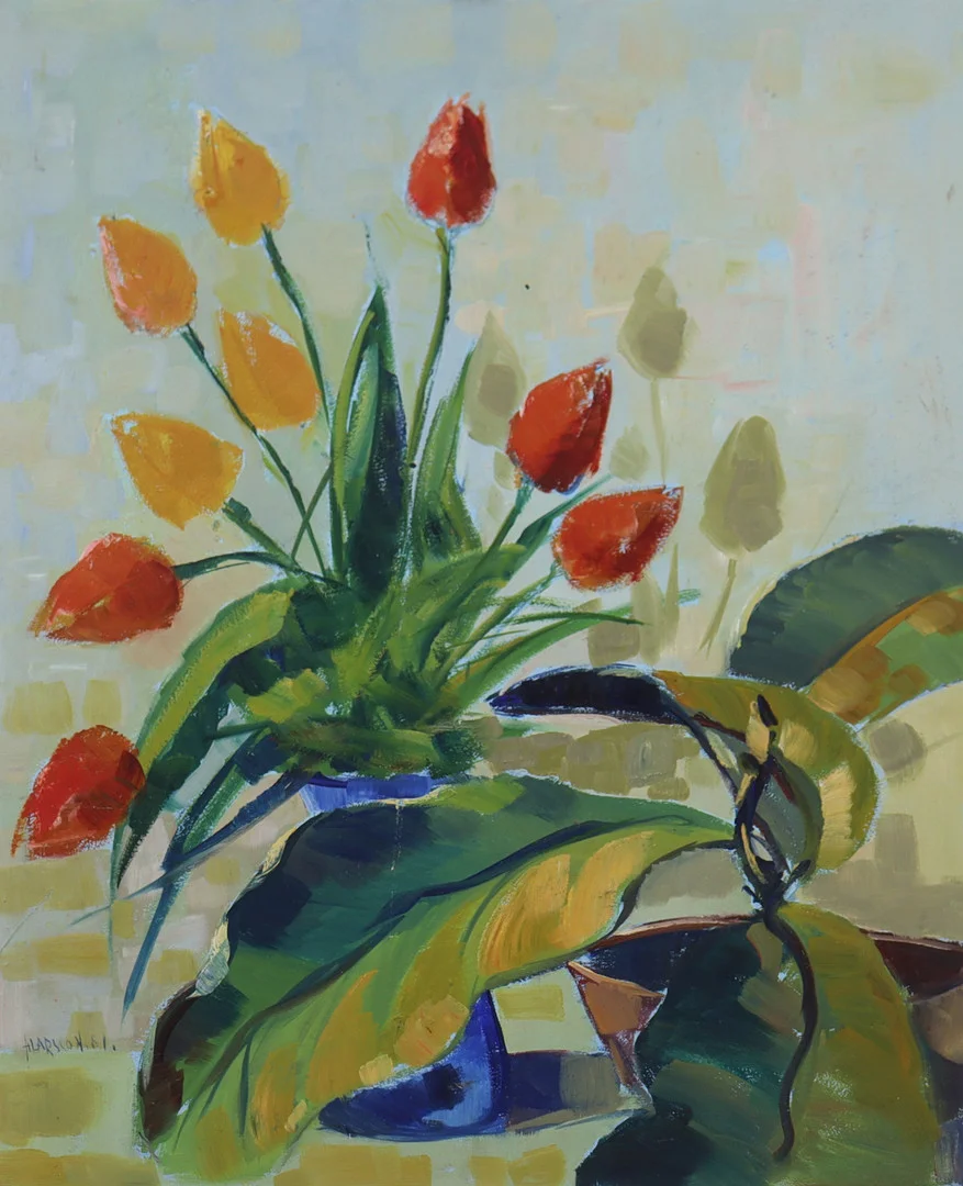 OIDENTIFIERAD KONSTNÄR. olja på pannå, blomsterstilleben, tulpaner. — Paintings — Markus Auktioner