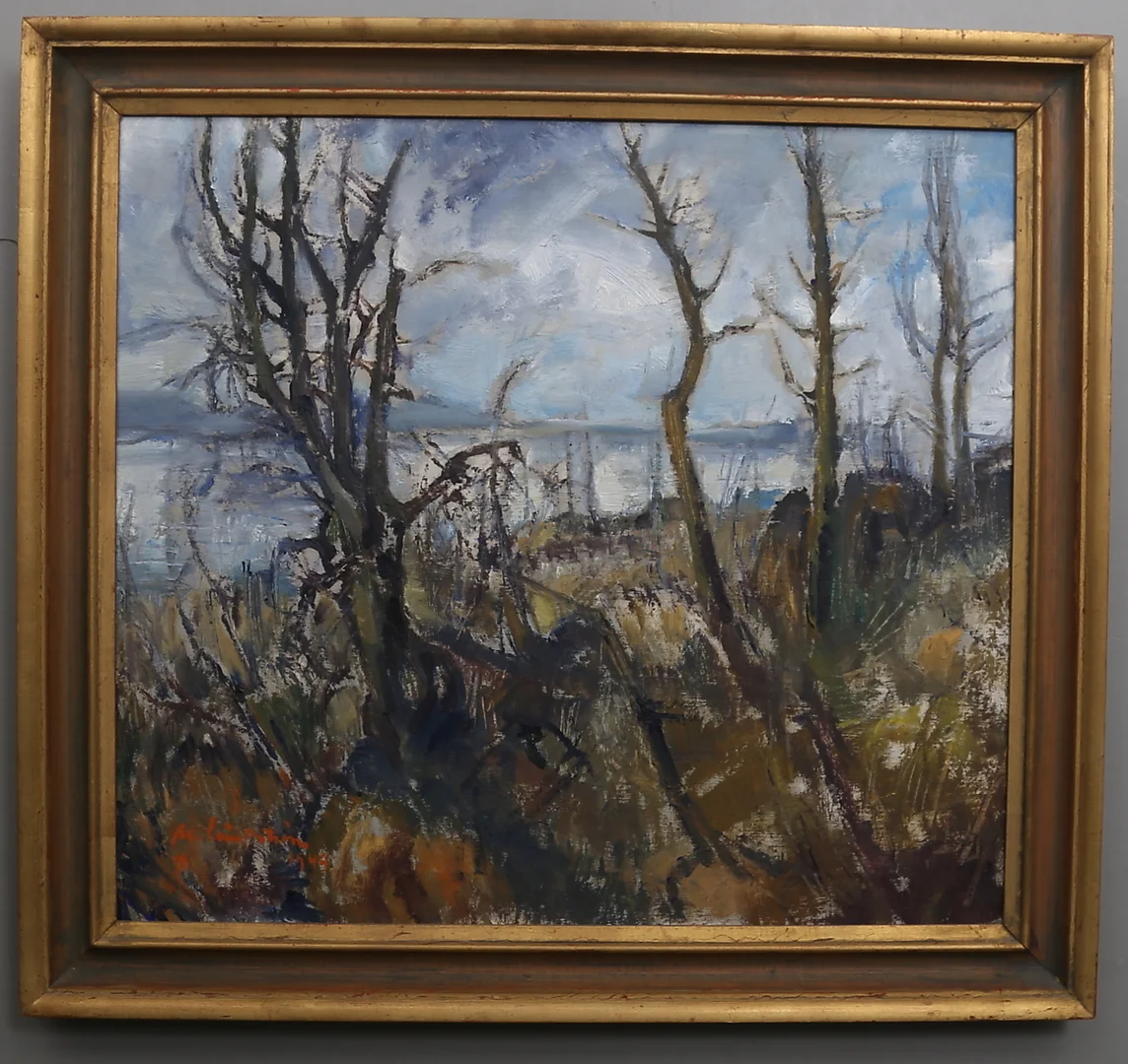 MARTIN LINDSTRÖM. Landskap vid vatten, olja på duk, signerad samt daterad 1949. — Paintings — Gomér & Andersson Linköping