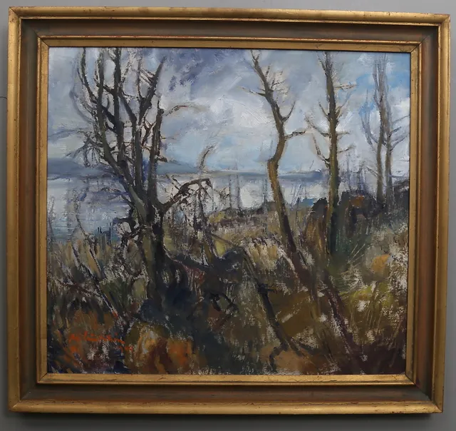 MARTIN LINDSTRÖM. Landskap vid vatten, olja på duk, signerad samt daterad 1949.