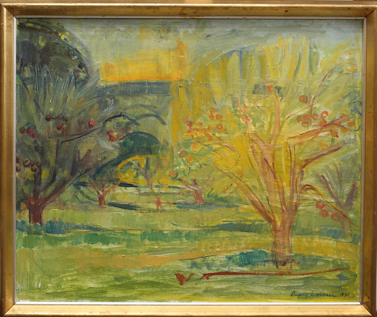 DAGNY LARSSON. Olja på duk, sommarmotiv, signerad daterad, 1971. — Paintings — Limhamns Auktionsbyrå