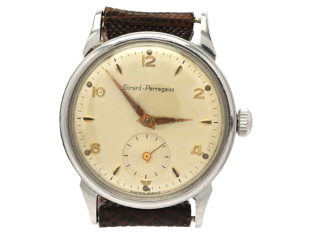 GIRARD-PERREGAUX, herrur, 32,5 mm, Cal 06 BH 448, Boett nr. 5426, stål, manuell, plexiglas, liten sekundvisare, skadad urtavla, defekt, läderband, ca 1955. — Klockor/Girard-Perregaux — Kaplans