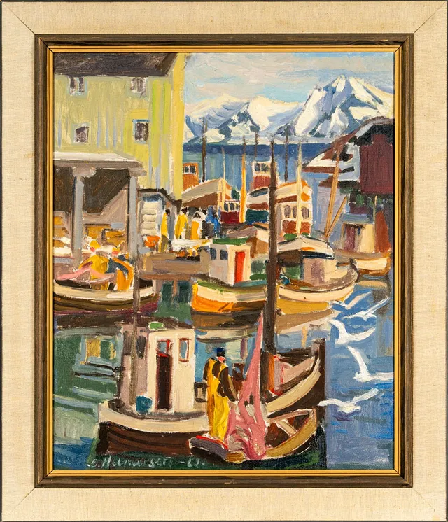 ODD HELMERSEN. Olja på duk, Båthamn, Signerad & daterad: 1962.