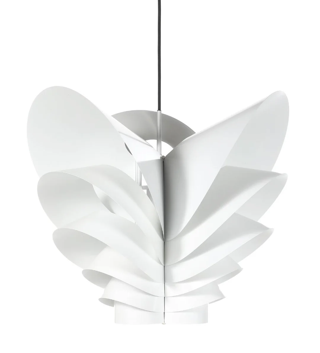 “Flora Folio”. Sculptural pendant lamp with shades of white lacquered metal. Designed 1969. Manufactured and marked by Piet Hein. First Edition, 164/300. H. 56. Diam. 64 cm. — Modern Lighting — Bruun Rasmussen