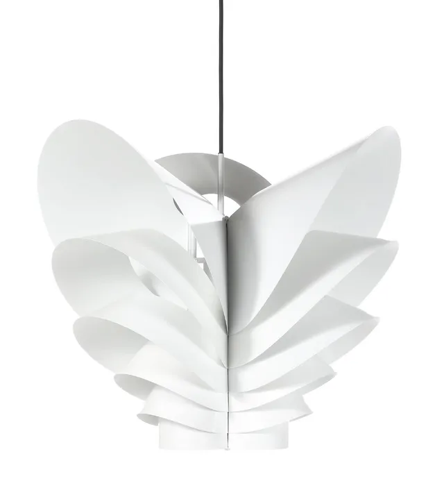 “Flora Folio”. Sculptural pendant lamp with shades of white lacquered metal. Designed 1969. Manufactured and marked by Piet Hein. First Edition, 164/300. H. 56. Diam. 64 cm.