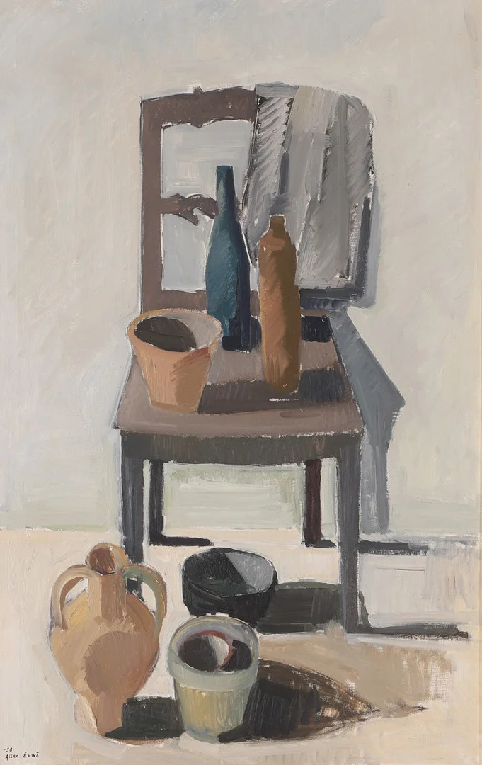 ALLAN ERWÖ. "Uppställning med krus", olja på duk, signerad -58. — Paintings — Helsingborgs Auktionskammare