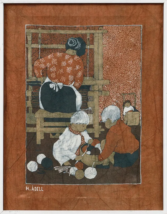 HARRIET ÅDELL. Figurscen. Bemålad textil, signerad.