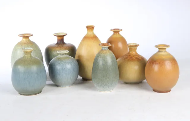 Kjell Bolinder for Höganäs. Nine small vases of glazed stoneware. (9)