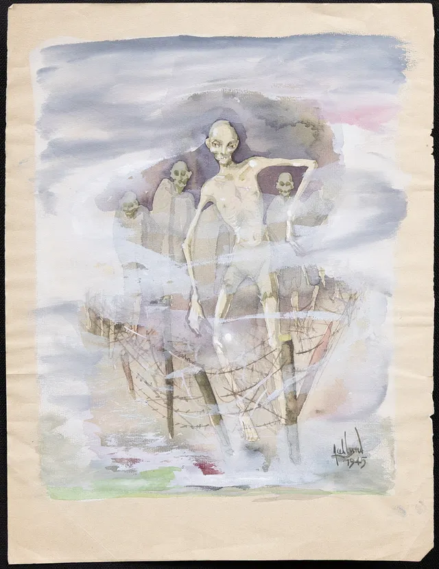 AXEL LUND (1919-1997). Ut från koncentrationslägret, gouache, signerad och daterad 1945.