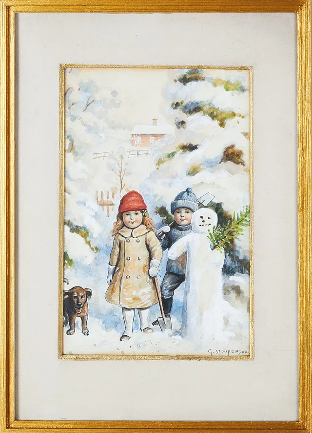 GEORG STOOPENDAAL. akvarell med motiv av barn med snögubbe och valp, signerad.