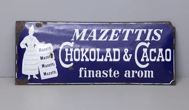 EMALJSKYLT, "Mazettis Choklad & Cacao finaste arom", 1900-talets första hälft.