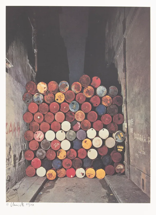 Christo & Jeanne-Claude — “Wall of Oil Barrels, The Iron Curtain, Rue Visconti, Paris 1961/62" 1968
