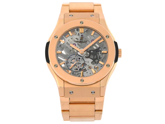 HUBLOT, Classic Fusion Ultra-Thin Skeleton, Cal HUB 1300, Serie nr. 975160, Ref nr. 545.OX.0180.OX, herrur, 42 mm, 18K rosa guld, manuell, safirglas, liten sekundvisare, skeletterad urtavla, glasbaksida, integrerad originallänk, viklås, längd 180 mm, totalvikt 172,4 gram, cert (chip), maj 2015, box, ytterkartong.