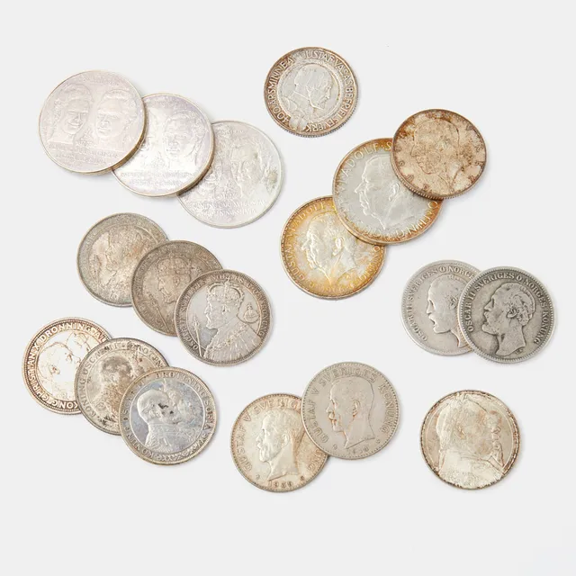 SILVERMYNT, 18 st, svenska 2-kronor, 5-kronor, jubileumsmynt, enstaka annat land, 80% procent silverhalt och enstaka med 90%.