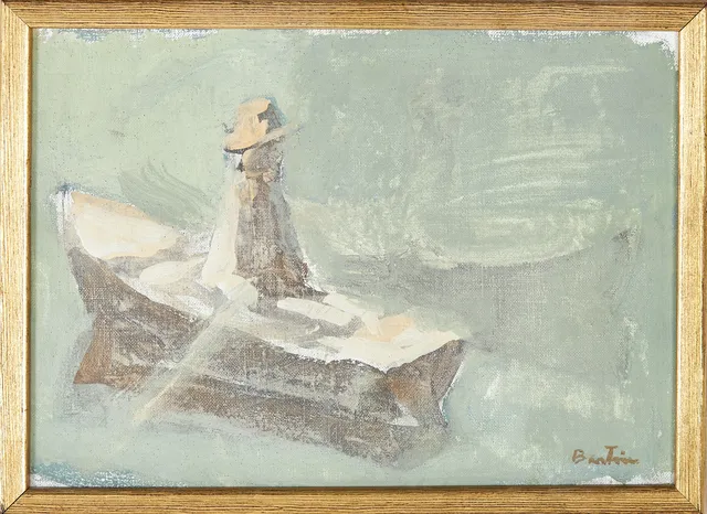 LOUIS BASTIN. Figur med roddbåt, olja på duk, signerad Bastin.