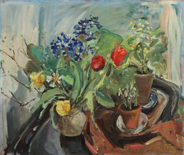 CARIN THAM. Oljemålning på pannå. Stilleben med blombukett. Signerad.
