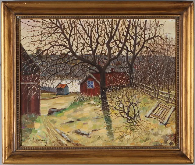 JOHN AHLBERG. Gårdsmotiv, olja på duk, signerad samt daterad 32.