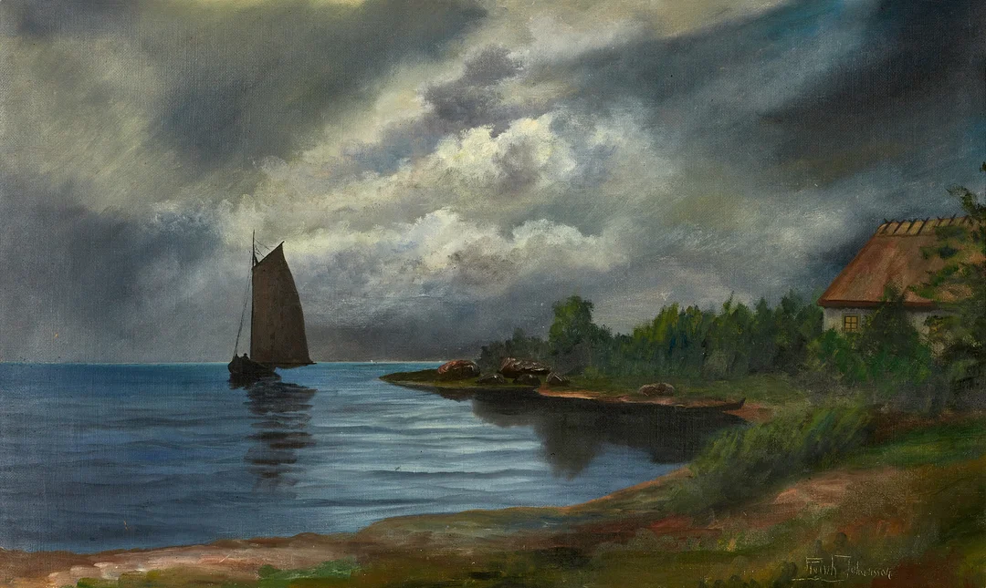REINHOLD JOHANSSON (1892-1952). Segelbåt vid strandkant, signerad, olja på duk. — Paintings — Crafoord Auktioner Stockholm