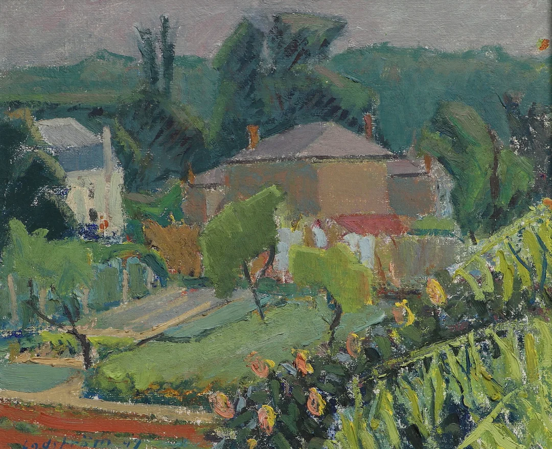 GEORG LODSTRÖM. Olja på pannå, trädgårdsmotiv, signerad och daterad 49. — Paintings — Ekenbergs Auktioner