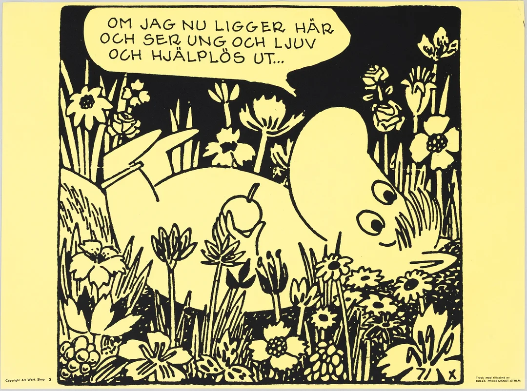 TOVE JANSSON. Efter. Mumin, "Om jag nu ligger här och ser ung och ljuv och hjälplös ut", Bull's Presstjänst, nr 2, Art Work Shop, 1960-tal. — Engravings & Prints — Auktionshuset Kolonn