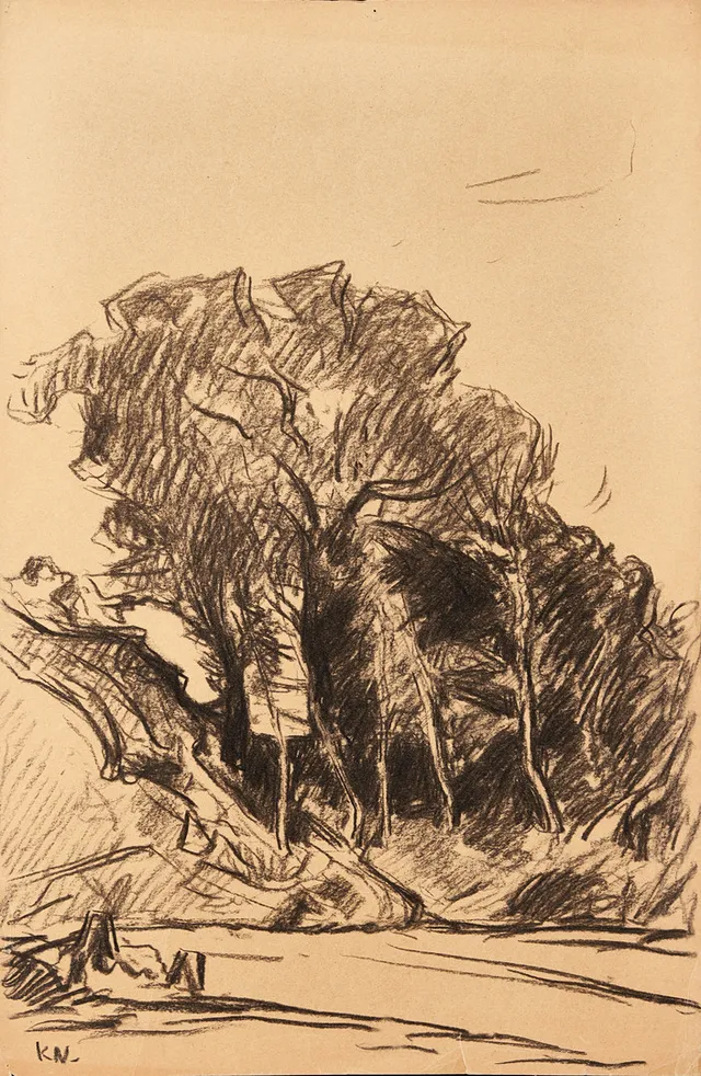 KARL NORDSTRÖM (Tjörn 1855-1923 Drottningholm). Landskap med träd, signerad, daterad 1913, kol på papper.