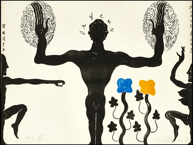 HANNU VÄISÄNEN (Finland, född 1951), "Idol" - Hades, Orfeus, Persefone, signerad och daterad -86, numrerad 3/4, färglitografi.