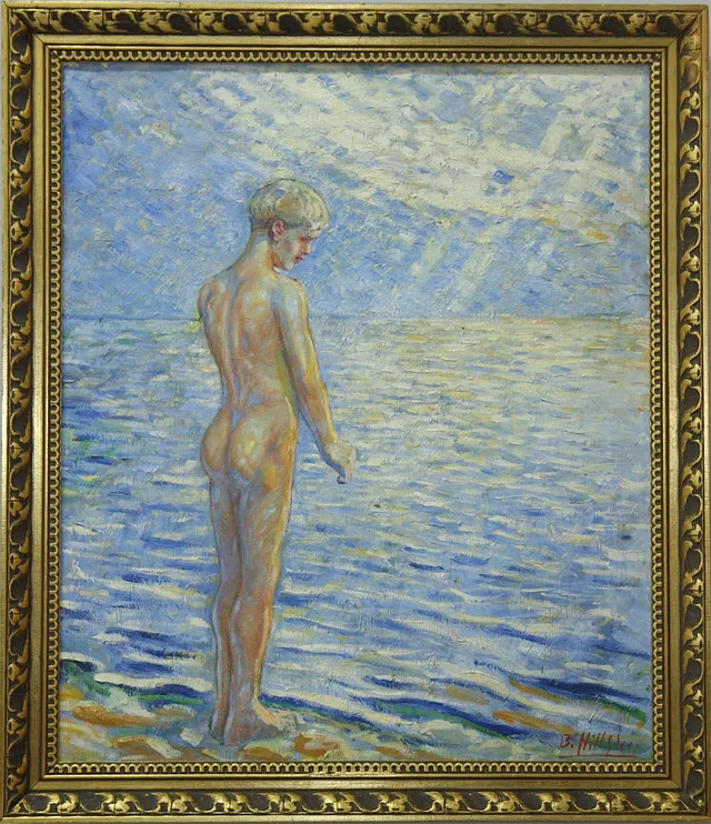 BROR HILLGREN. olja på duk, pojke vid vatten, signerad.
