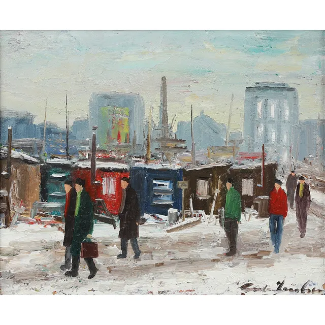 CORT JACOBSEN (1911-1967). Vinterparti med havnearbejdere på vej på arbejde, olie på malerpap.