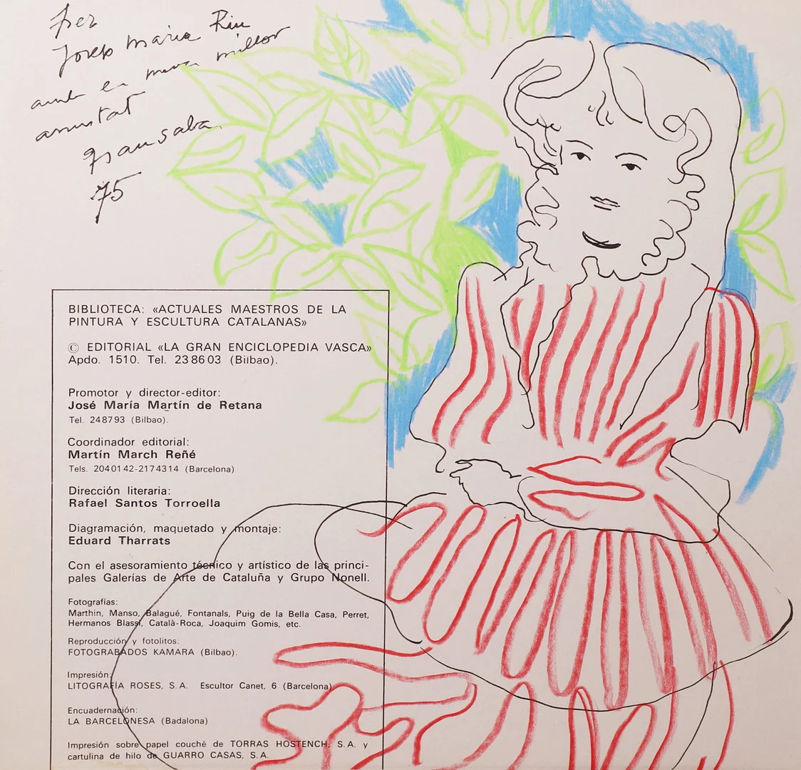 EMILI GRAU SALA. TÉCNICA MIXTA SOBRE PAPEL. FIRMADO Y DEDICADO SOBRE PÁGINA DE UN LIBRO 1975. — Drawings — Barcelona Auctions