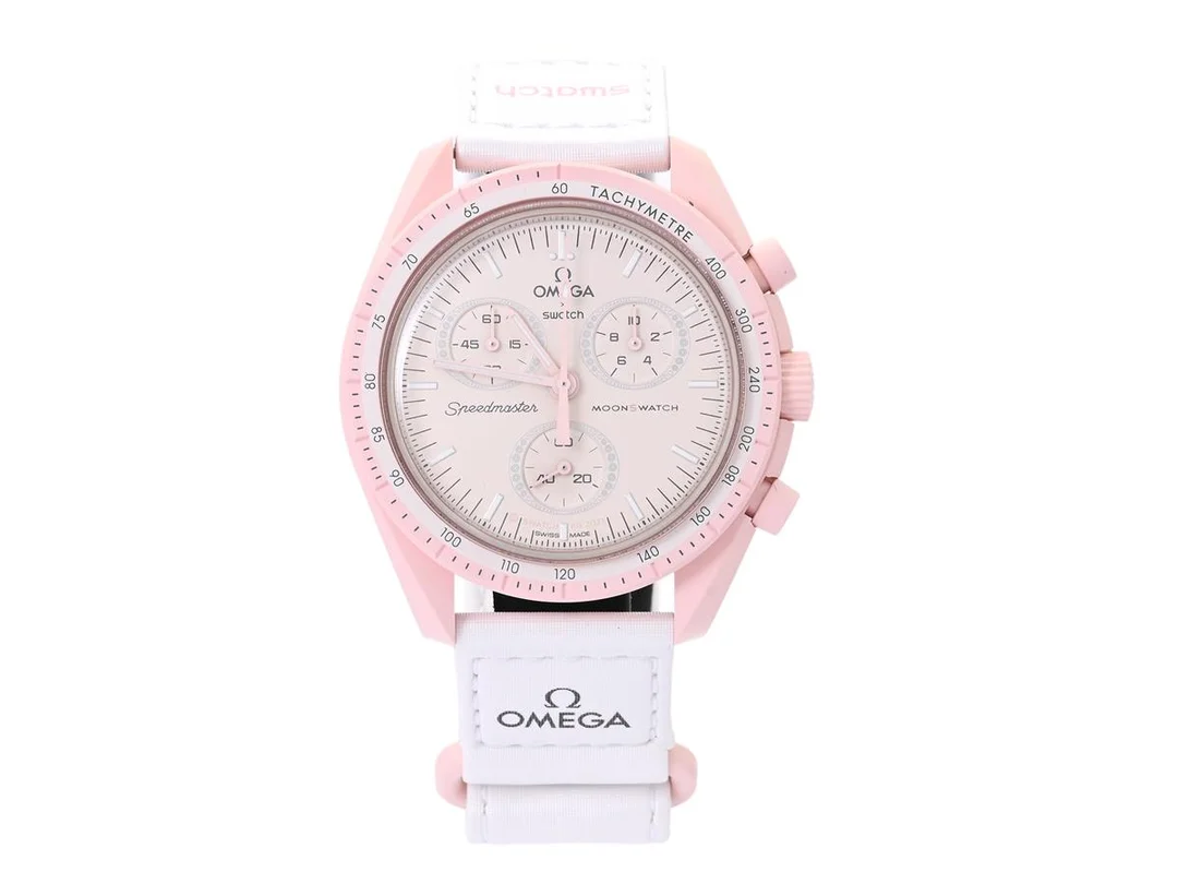 SWATCH/OMEGA, MoonSwatch, Mission to Venus, Ref nr. SO33P100, kronograf, herrur, 42 mm, bioceramic, quartz, plexiglas, Velcro-band, cert, juli 2023, box, ytterkartong. — Klockor/Swatch — Kaplans