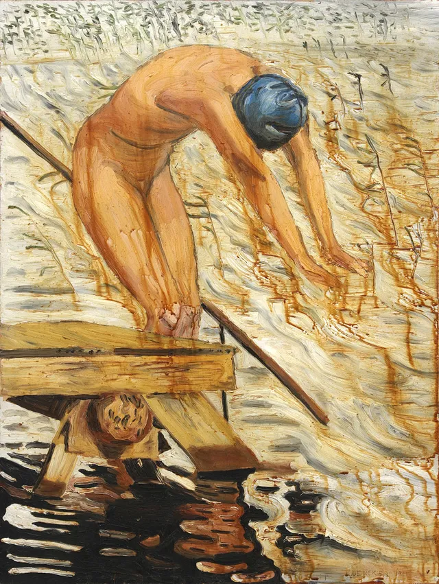 LISE DROUGGE (född Dencker, Landskrona 1919 - 2022 Sundbyberg), Dykaren med blå badmössa, signerad och daterad 1939, olja på pannå.