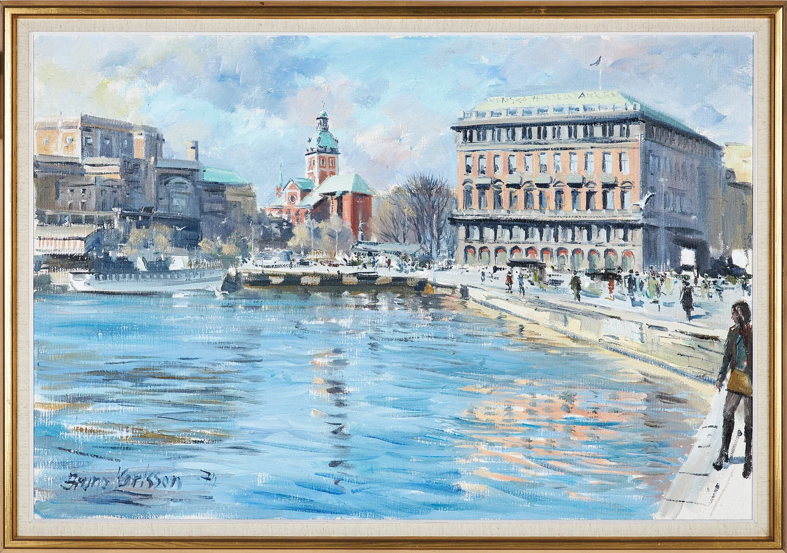 BRUNO KARLSSON. Stockhomsmotiv, Stockholmsström, Jacobs kyrka, operan och svenska handelsbanken, olja på duk, signerad Bruno Karlsson, daterad -74. — Paintings — Stockholms Auktionsverk Sickla