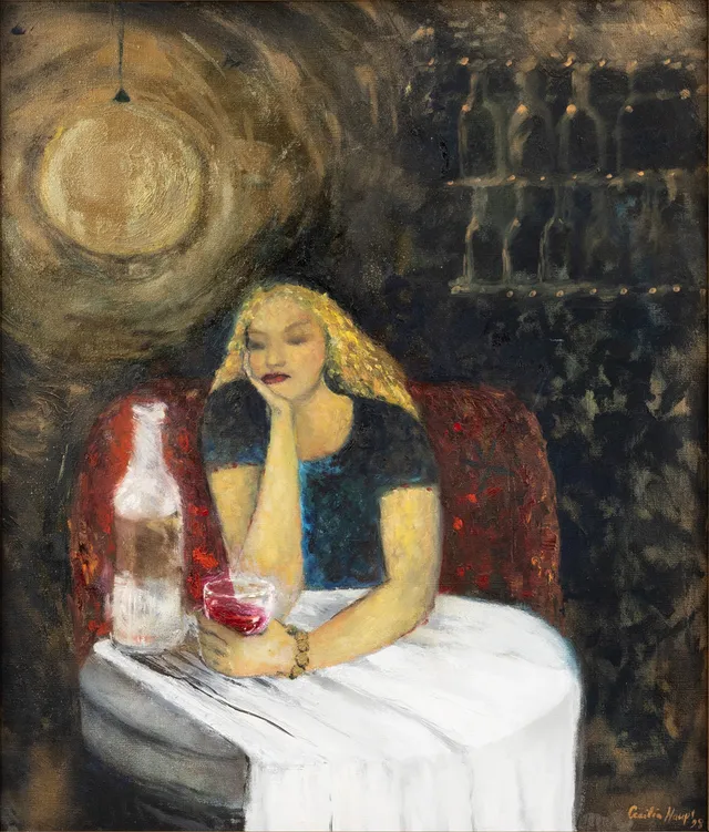 CECILIA HAUPT. KVINNA MED VINGLAS, olja på duk, signerad 98.