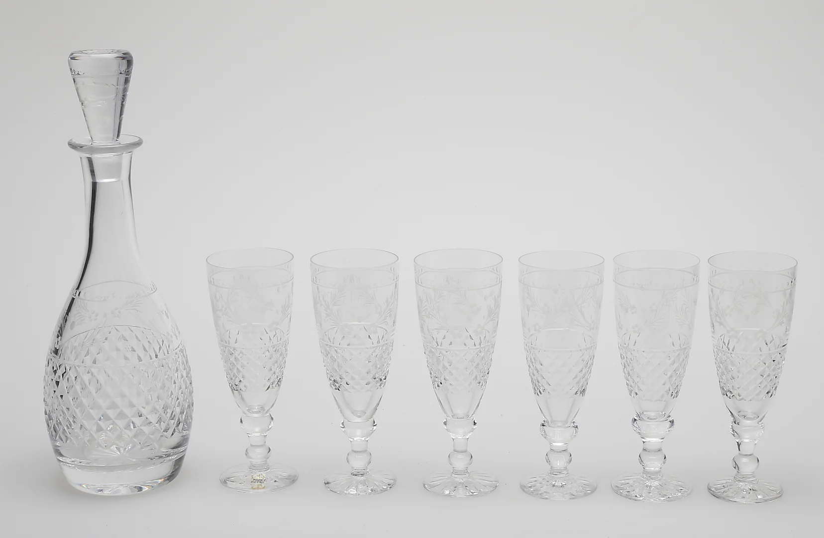 VINKARAFF samt CHAMPAGNEGLAS, 6 st, "Elvira Madigan", Kosta. — Tableware — Växjö Auktionskammare