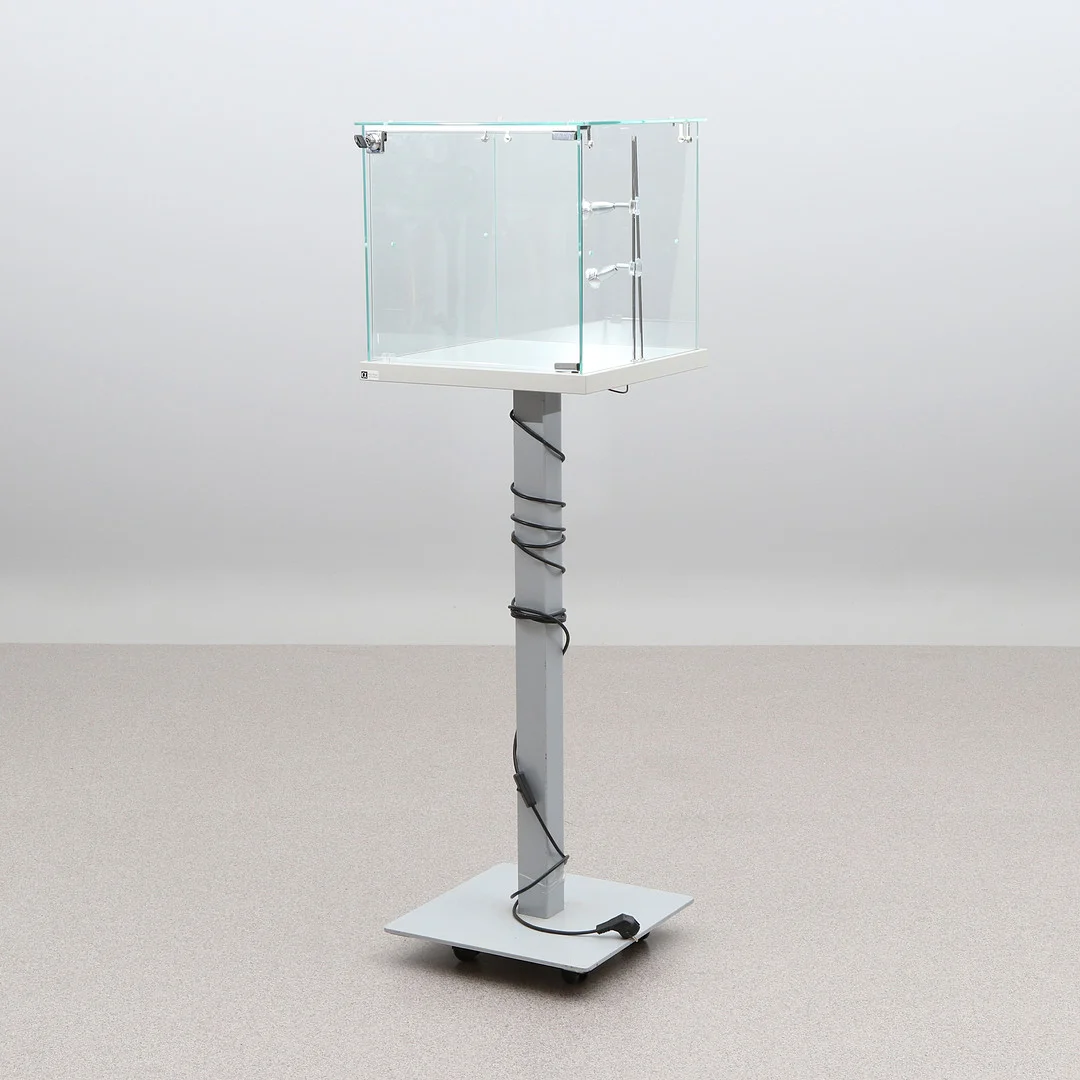 VITRINMONTER PÅ PELARFOT. Glas och lackerad metall. Samtida tillverkning. — Cupboards, Cabinets & Shelves — Skånes Auktionsverk