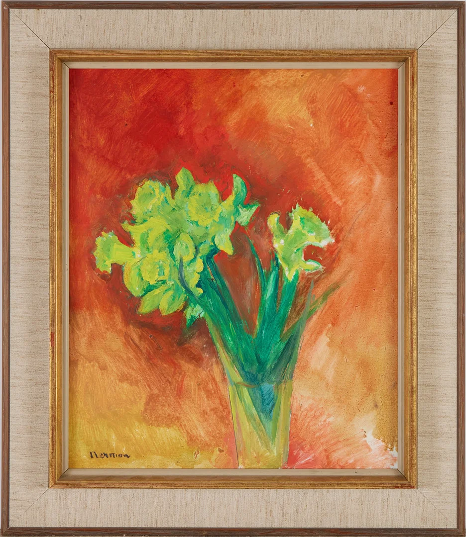 EINAR NERMAN. Påskliljor i vas, olja på pannå, signerad. — Paintings — Stockholms Auktionsverk Magasin 5