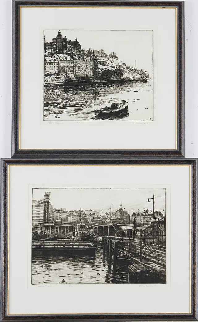 HASSE LINDROTH (född 1938): (2) Motiv från Slussen, etsningar, signerade, E.A.