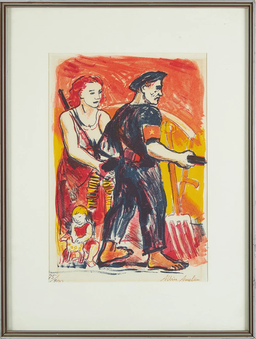 ALBIN AMELIN. Komposition med lantarbetare, färglitografi, signerad och numrerad Albin Amelin 75/200. — Engravings & Prints — Stockholms Auktionsverk Sickla