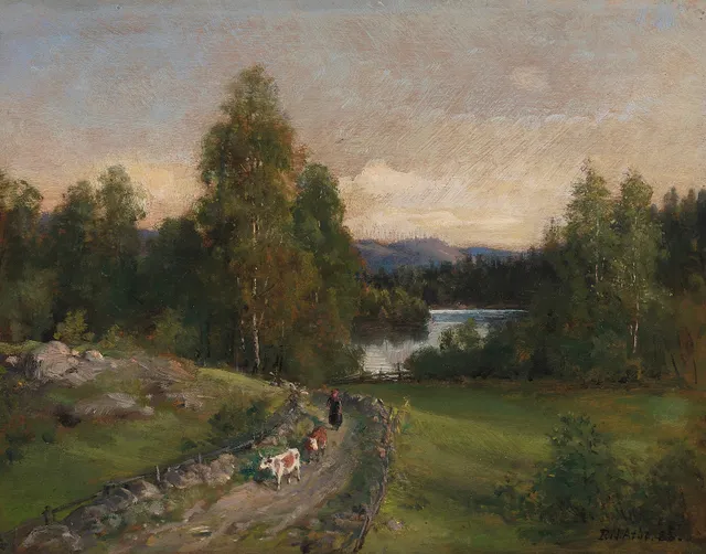 Arbo, Peter Nicolai — Seterjente med kuer i sommerlandskap. 1888
