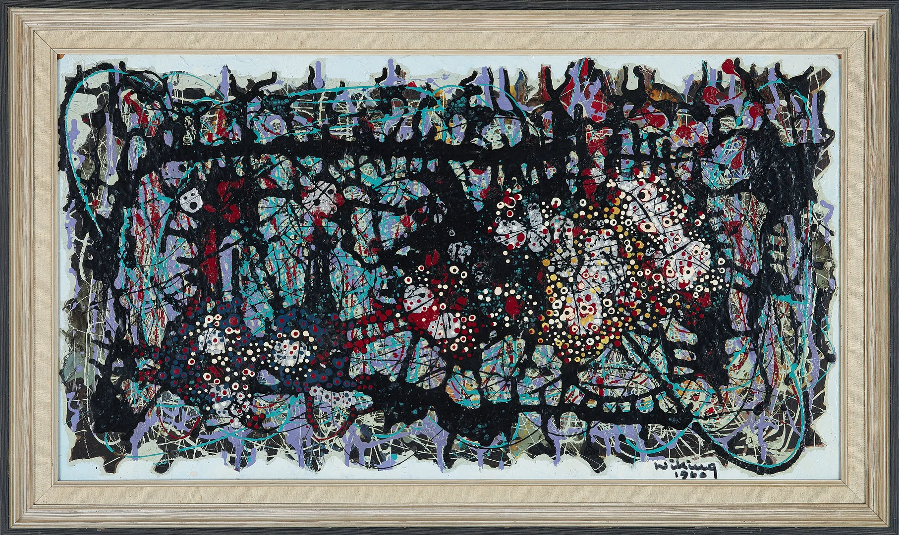 OKÄND KONSTNÄR. Abstrakt komposition, akryl på pannå, daterad 1960. — Paintings — Stockholms Auktionsverk Sickla