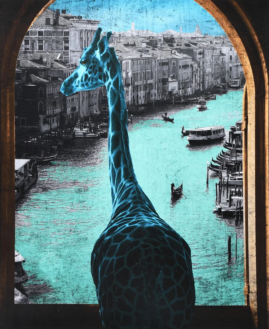 LARS TUNEBO. Mixed media, "My Window view in Venice", (blå), signerad, numrerad 13/50, oramad. — Engravings & Prints — Gomér & Andersson Jönköping