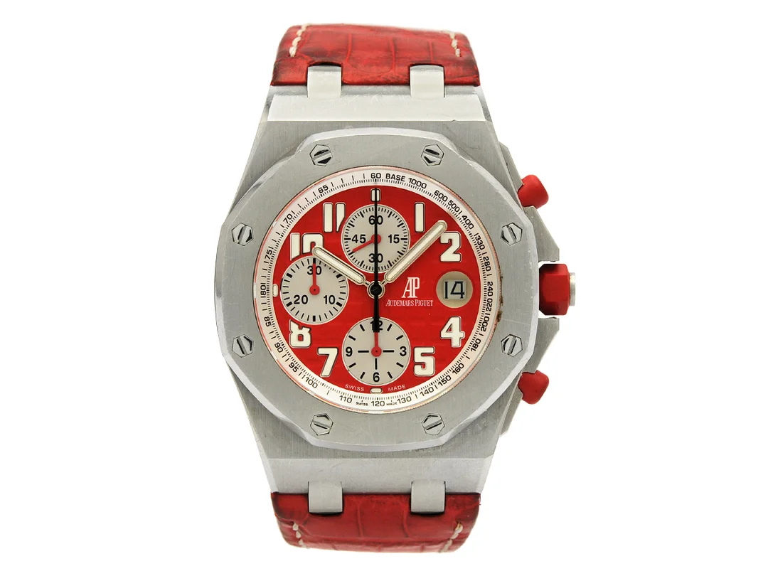 AUDEMARS PIGUET, Royal Oak, Offshore, "Tachymeter", " Rhone-Fusterie", Cal 3126/3840, Serie nr. 681422, Ref nr. 26108ST.OO.D066CR.01, Boett nr. F99335-0021, kronograf, herrur, 42,5 mm, stål, automatisk, safirglas, datum, integrerat läderband, viklås, cert, april 2008, box, ytterkartong. Limiterad och numrerad (Nr. 021/500). — Klockor/Audemars Piguet — Kaplans