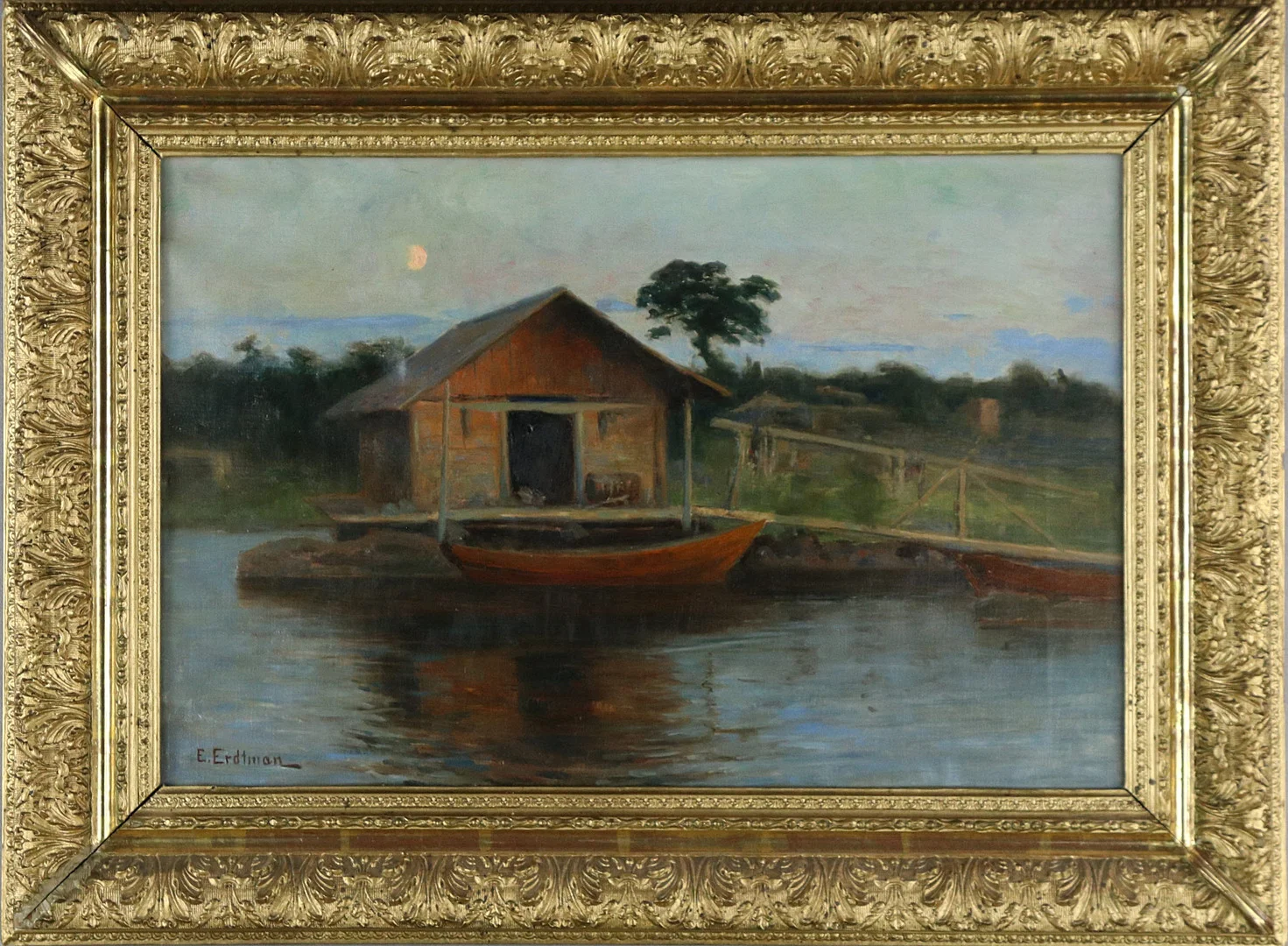 ELIAS ERDTMAN. Olja på duk, båthus vid sjö, signerad. — Paintings — Höganäs Auktionsverk