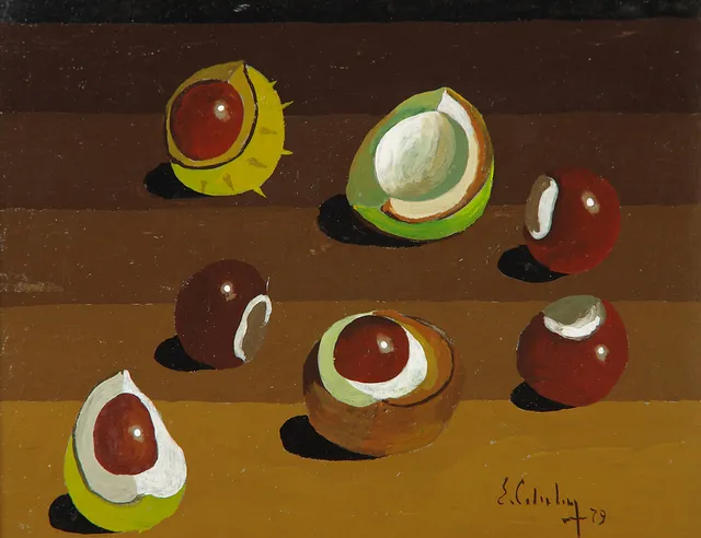 ERIC CEDERBERG. Stilleben med kastanjer, tempera, signerad E. Cederberg -79.