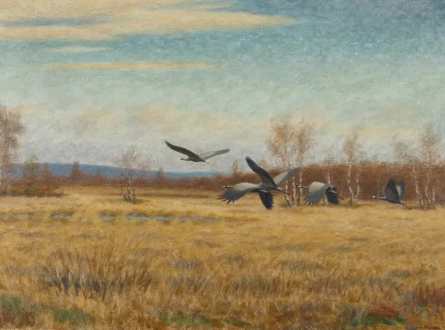 IVAN HUMBLA (1888-1962), Flygande tranor, signerad och daterad -54, olja på duk.