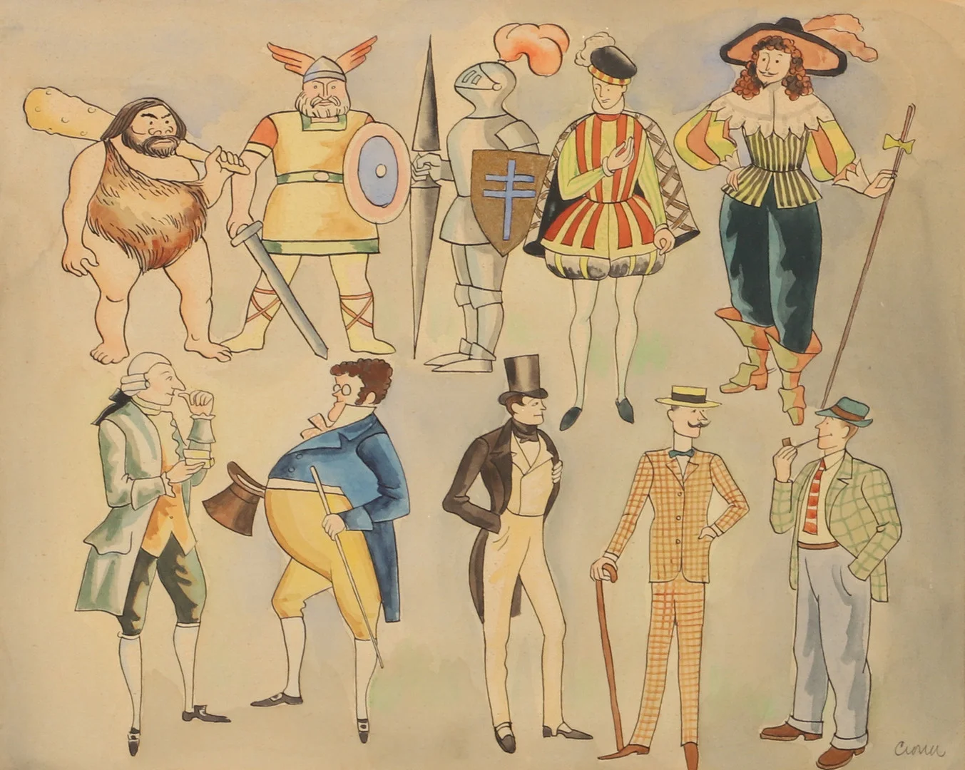 GEORG CRONA. "Herrmodet genom tiderna", akvarell, signerad Crona. — Paintings — Helsingborgs Auktionskammare