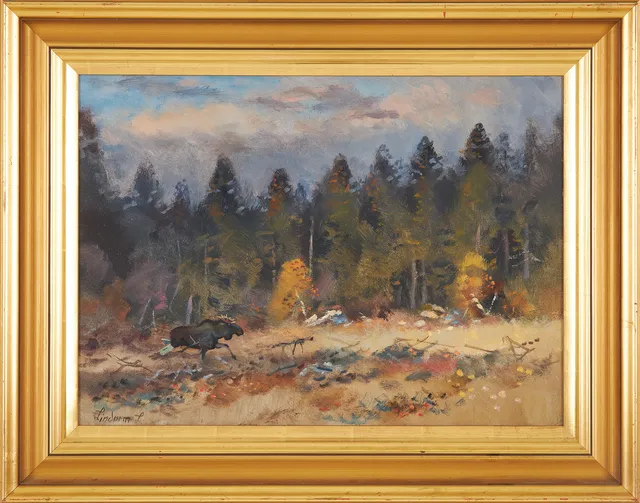 LINDORM LILJEFORS. Landskapsmotiv med älg, olja på pannå, signerad Lindorm L.
