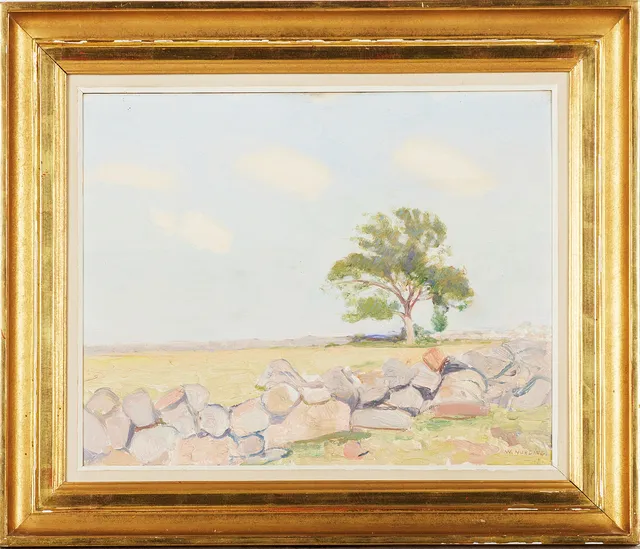 WILLIAM NORDING (1884-1956): "Det ensamma trädet", motiv från Öland, signerad och daterad W. Nording -43, olja på pannå.