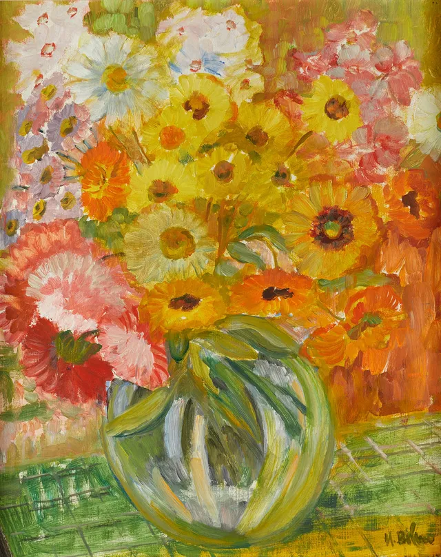 MARTHE BOHM (Warnsdorf/Böhmen 1898-1972). Blomsterstilleben, signerad, olja på pannå.